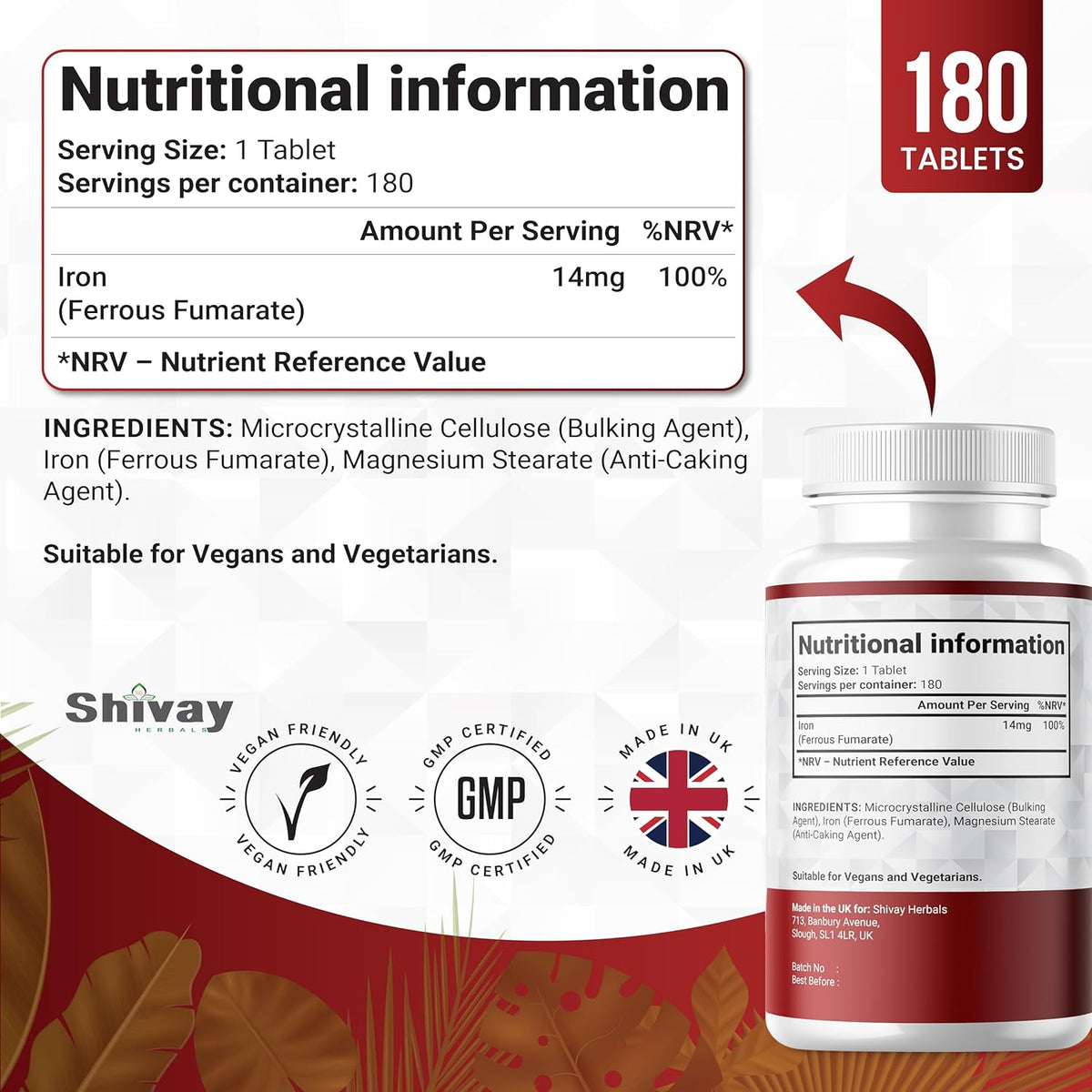 Shivay Herbals Iron 14mg - Ferrous Fumarate - 180 Vegan Tablets - 6 Month Supply - Reduction of Tiredness & Fatigue - Made in the UK
