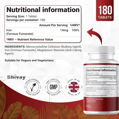 Shivay Herbals Iron 14mg - Ferrous Fumarate - 180 Vegan Tablets - 6 Month Supply - Reduction of Tiredness & Fatigue - Made in the UK