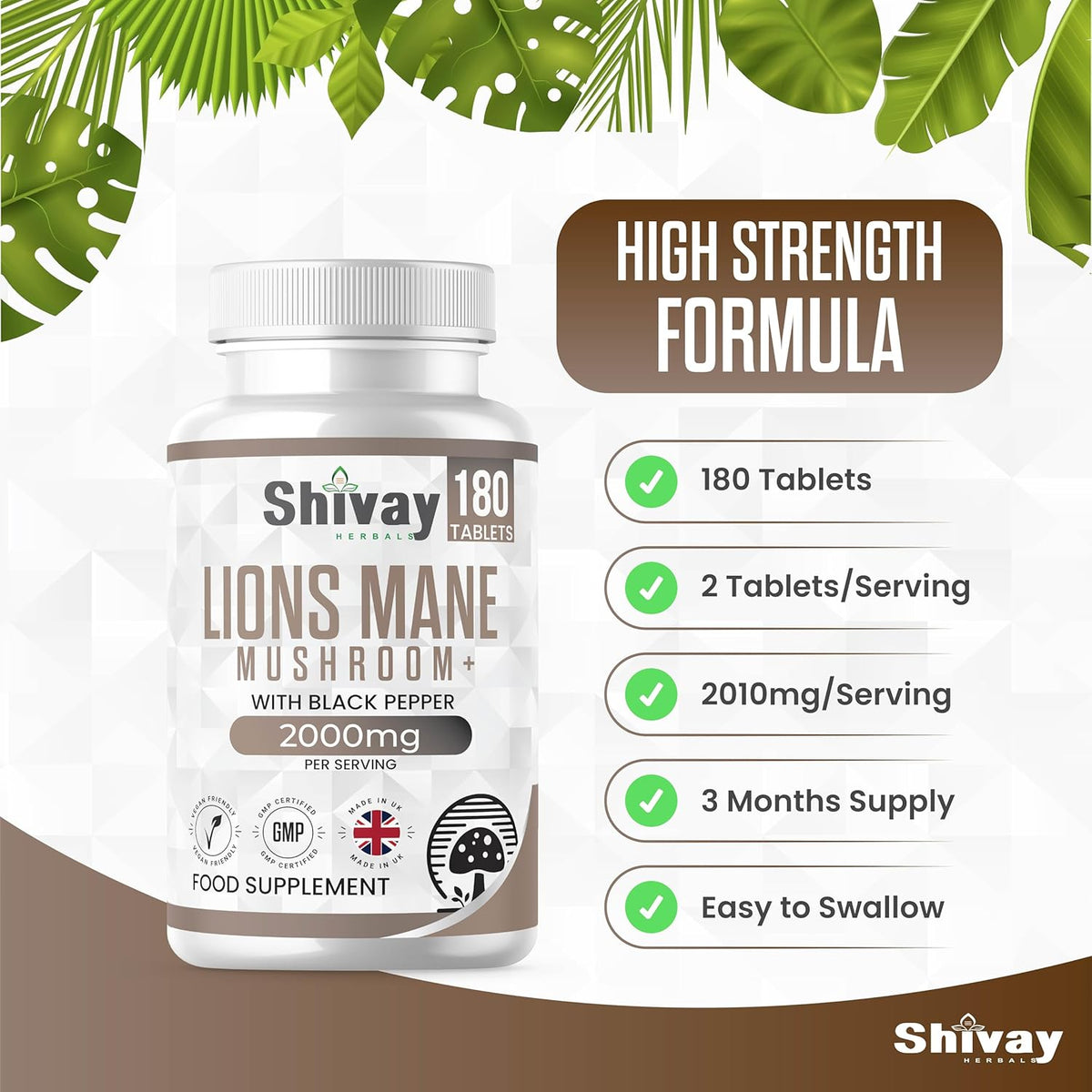 Shivay Herbals Lion's Mane Mushroom 2000mg - 50% Polysaccharide Extract - with Black Pepper - 180 Vegan Tablets - 3 Month Supply - Made in the UK