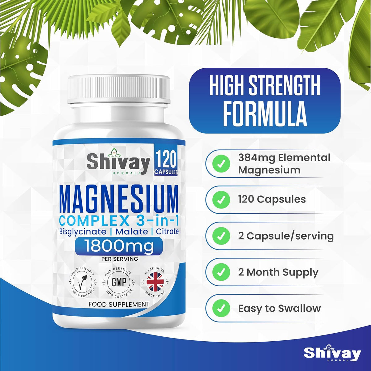 Shivay Herbals Magnesium 3-in-1 Complex - 384mg Elemental Magnesium - Glycinate, Malate & Citrate - 120 Vegan Capsules - Made in the UK