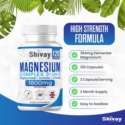 Shivay Herbals Magnesium 3-in-1 Complex - 384mg Elemental Magnesium - Glycinate, Malate & Citrate - 120 Vegan Capsules - Made in the UK