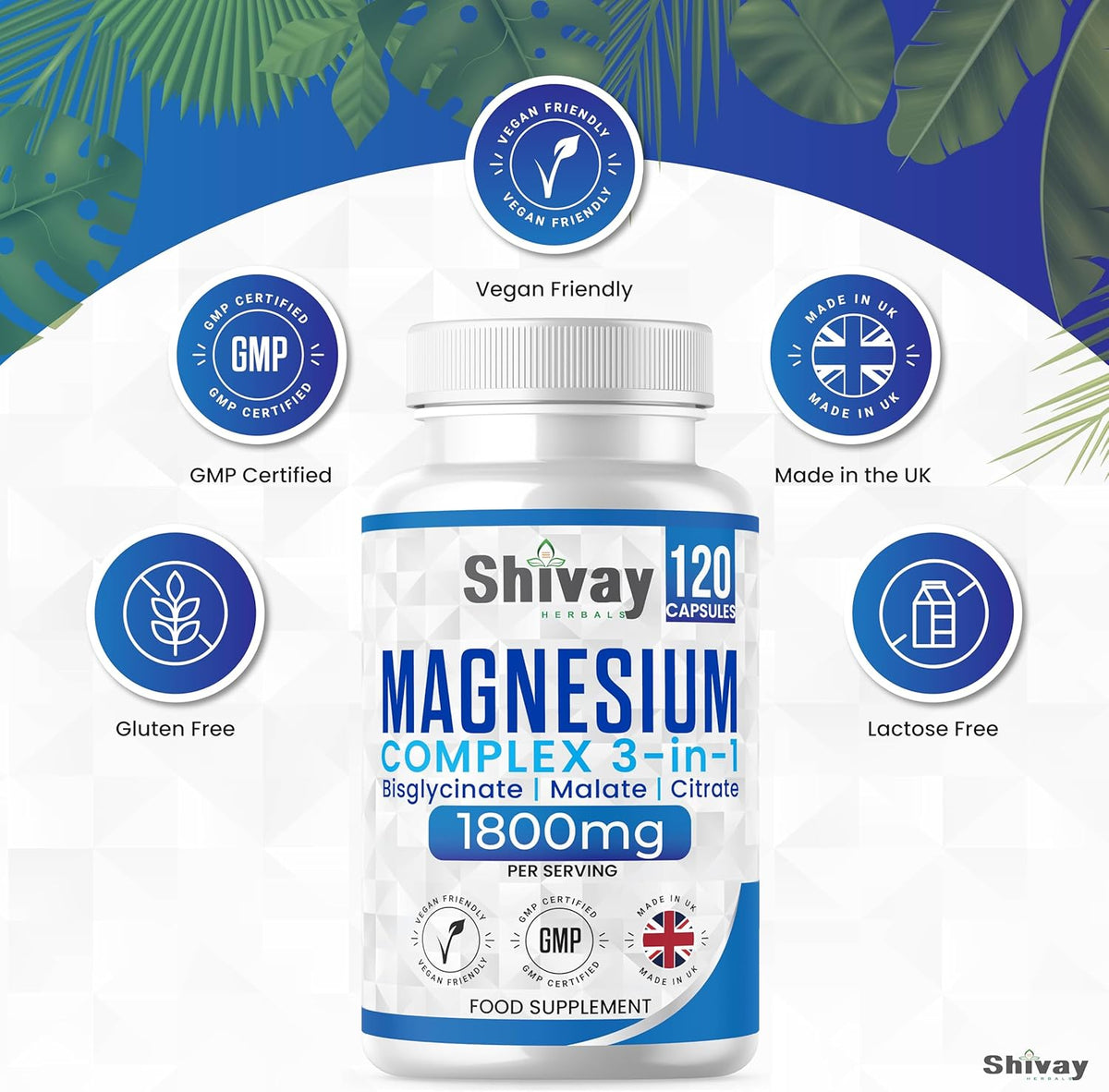 Shivay Herbals Magnesium 3-in-1 Complex - 384mg Elemental Magnesium - Glycinate, Malate & Citrate - 120 Vegan Capsules - Made in the UK