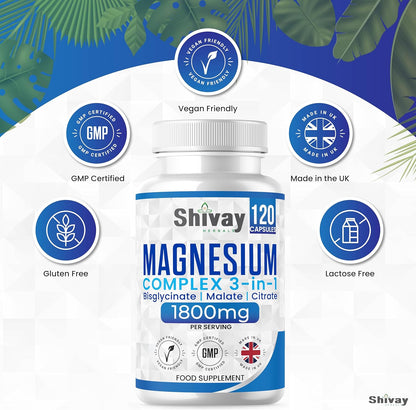 Shivay Herbals Magnesium 3-in-1 Complex - 384mg Elemental Magnesium - Glycinate, Malate & Citrate - 120 Vegan Capsules - Made in the UK