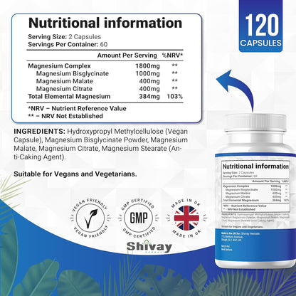 Shivay Herbals Magnesium 3-in-1 Complex - 384mg Elemental Magnesium - Glycinate, Malate & Citrate - 120 Vegan Capsules - Made in the UK