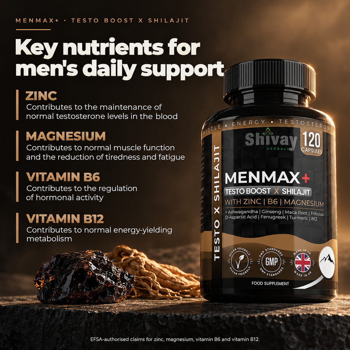 MENMAX+ Testo Boost x Shilajit Complex – Testosterone Support Supplement for Men with Zinc, Ashwagandha, Maca Root, Korean Ginseng, Tribulus, B6 & B12 – 120 Vegan Capsules Made in UK by Shivay