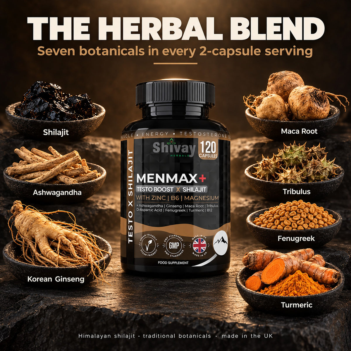 MENMAX+ Testo Boost x Shilajit Complex – Testosterone Support Supplement for Men with Zinc, Ashwagandha, Maca Root, Korean Ginseng, Tribulus, B6 & B12 – 120 Vegan Capsules Made in UK by Shivay