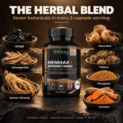 MENMAX+ Testo Boost x Shilajit Complex – Testosterone Support Supplement for Men with Zinc, Ashwagandha, Maca Root, Korean Ginseng, Tribulus, B6 & B12 – 120 Vegan Capsules Made in UK by Shivay