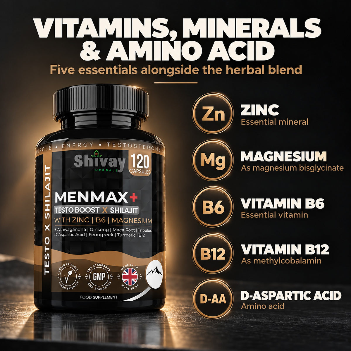 MENMAX+ Testo Boost x Shilajit Complex – Testosterone Support Supplement for Men with Zinc, Ashwagandha, Maca Root, Korean Ginseng, Tribulus, B6 & B12 – 120 Vegan Capsules Made in UK by Shivay