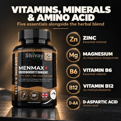 MENMAX+ Testo Boost x Shilajit Complex – Testosterone Support Supplement for Men with Zinc, Ashwagandha, Maca Root, Korean Ginseng, Tribulus, B6 & B12 – 120 Vegan Capsules Made in UK by Shivay