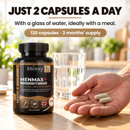 MENMAX+ Testo Boost x Shilajit Complex – Testosterone Support Supplement for Men with Zinc, Ashwagandha, Maca Root, Korean Ginseng, Tribulus, B6 & B12 – 120 Vegan Capsules Made in UK by Shivay