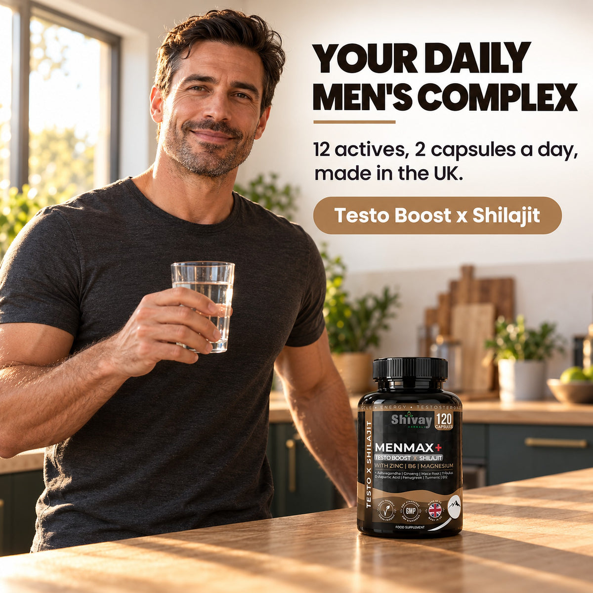 MENMAX+ Testo Boost x Shilajit Complex – Testosterone Support Supplement for Men with Zinc, Ashwagandha, Maca Root, Korean Ginseng, Tribulus, B6 & B12 – 120 Vegan Capsules Made in UK by Shivay