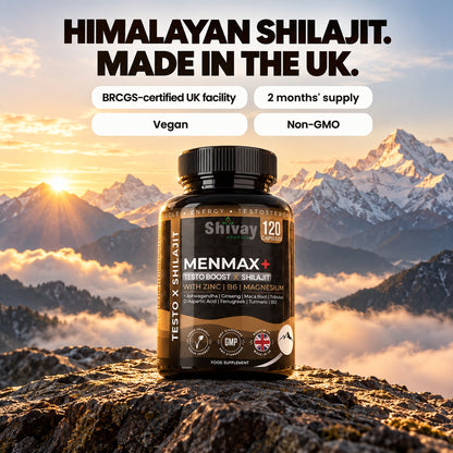 MENMAX+ Testo Boost x Shilajit Complex – Testosterone Support Supplement for Men with Zinc, Ashwagandha, Maca Root, Korean Ginseng, Tribulus, B6 & B12 – 120 Vegan Capsules Made in UK by Shivay