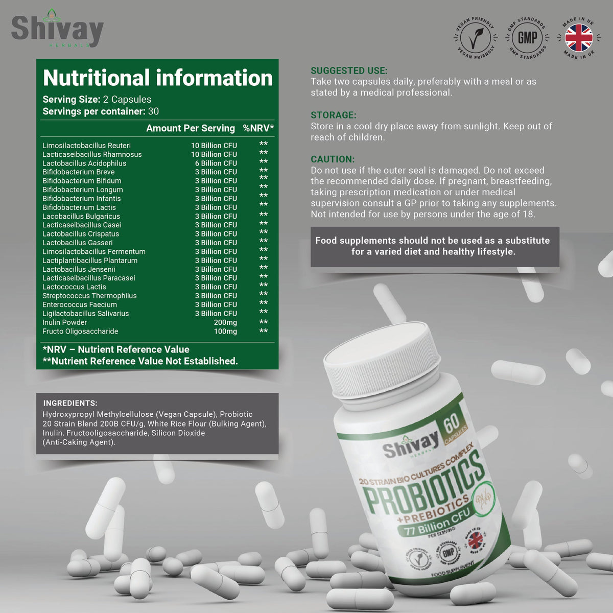 Shivay Herbals Probiotic & Prebiotic Complex - 77 Billion CFU - 20 Live Strains - 60 Vegan Capsules - 1 Month Supply - Made in the UK
