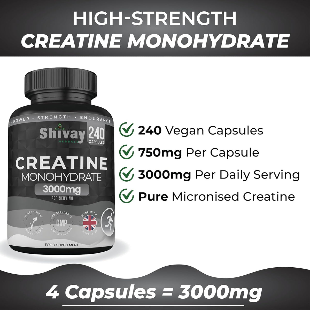 Creatine Monohydrate 240 Capsules - 3000mg per Serving