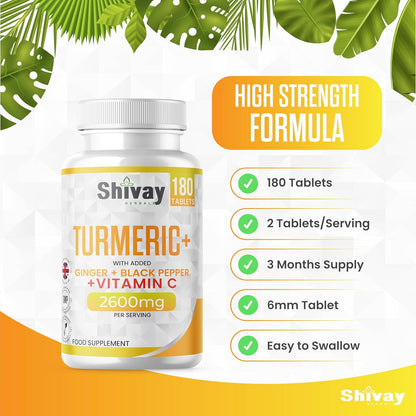 Shivay Herbals Turmeric Curcumin 2600mg - with Ginger, Black Pepper & Vitamin C - 180 Vegan Tablets - 3 Month Supply - Made in the UK