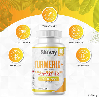 Shivay Herbals Turmeric Curcumin 2600mg - with Ginger, Black Pepper & Vitamin C - 180 Vegan Tablets - 3 Month Supply - Made in the UK