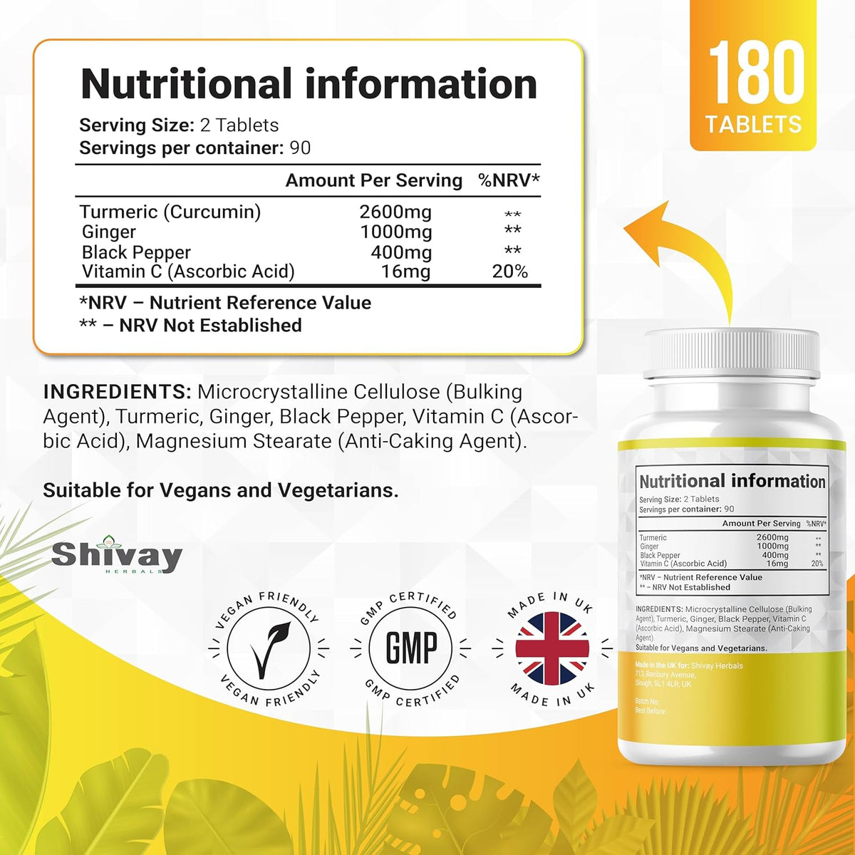 Shivay Herbals Turmeric Curcumin 2600mg - with Ginger, Black Pepper & Vitamin C - 180 Vegan Tablets - 3 Month Supply - Made in the UK