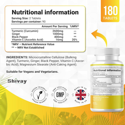 Shivay Herbals Turmeric Curcumin 2600mg - with Ginger, Black Pepper & Vitamin C - 180 Vegan Tablets - 3 Month Supply - Made in the UK