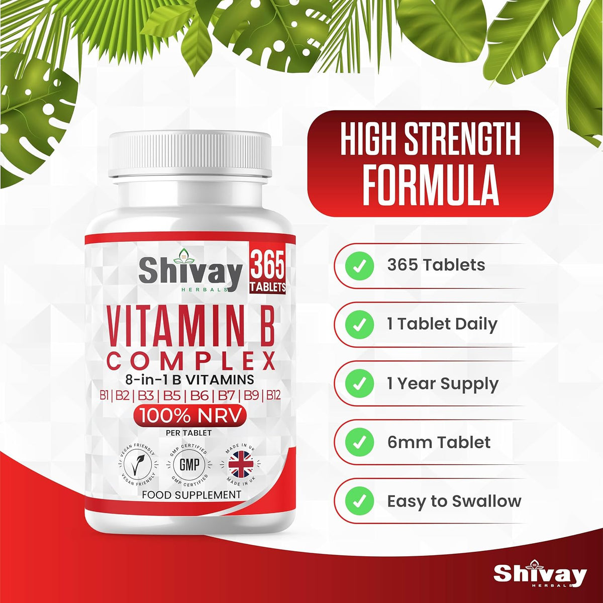 Shivay Herbals Vitamin B Complex - All 8 B Vitamins - 365 Vegan Tablets - 1 Year Supply - Reduction of Tiredness - Made in the UK