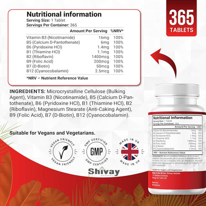Shivay Herbals Vitamin B Complex - All 8 B Vitamins - 365 Vegan Tablets - 1 Year Supply - Reduction of Tiredness - Made in the UK