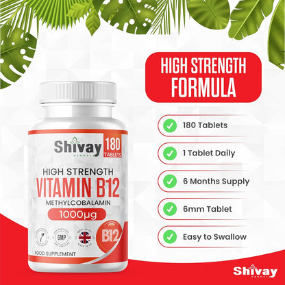 Shivay Herbals Vitamin B12 1000mcg - Methylcobalamin - 180 Vegan Tablets - 6 Month Supply - Reduction of Tiredness - Made in the UK