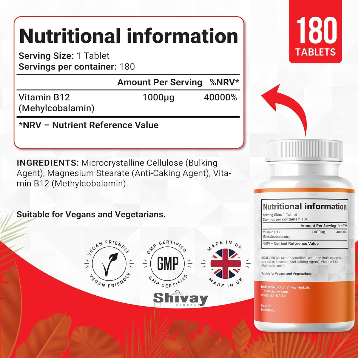 Shivay Herbals Vitamin B12 1000mcg - Methylcobalamin - 180 Vegan Tablets - 6 Month Supply - Reduction of Tiredness - Made in the UK