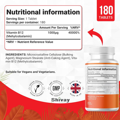 Shivay Herbals Vitamin B12 1000mcg - Methylcobalamin - 180 Vegan Tablets - 6 Month Supply - Reduction of Tiredness - Made in the UK